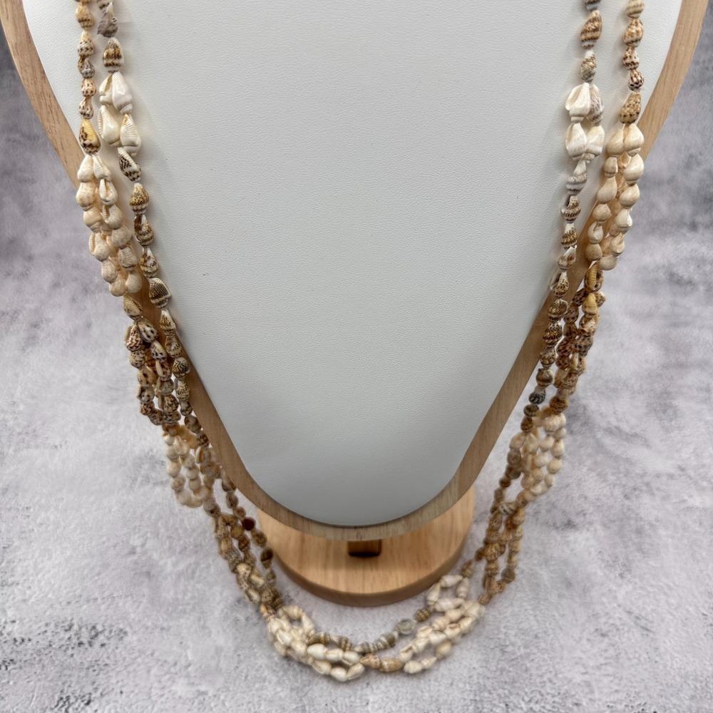 Natural Seashell Layered Necklace Brown Cream Shell Beads Boho Coastal Vintage